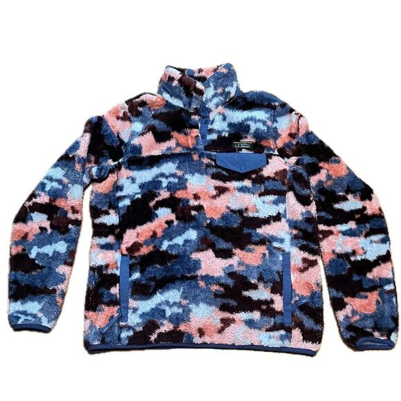 L.L. Bean Camouflage Fleece Pullover Pink Blue Maroon Size Small - Picture 1 of 7